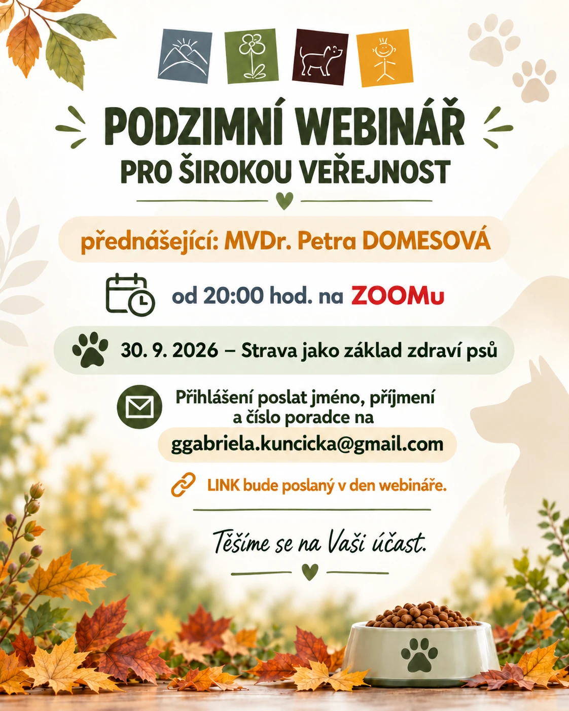 Plakát — Podzimní webinář: Strava jako základ zdraví psů, 30. 9. 2026 od 20:00 na Zoomu